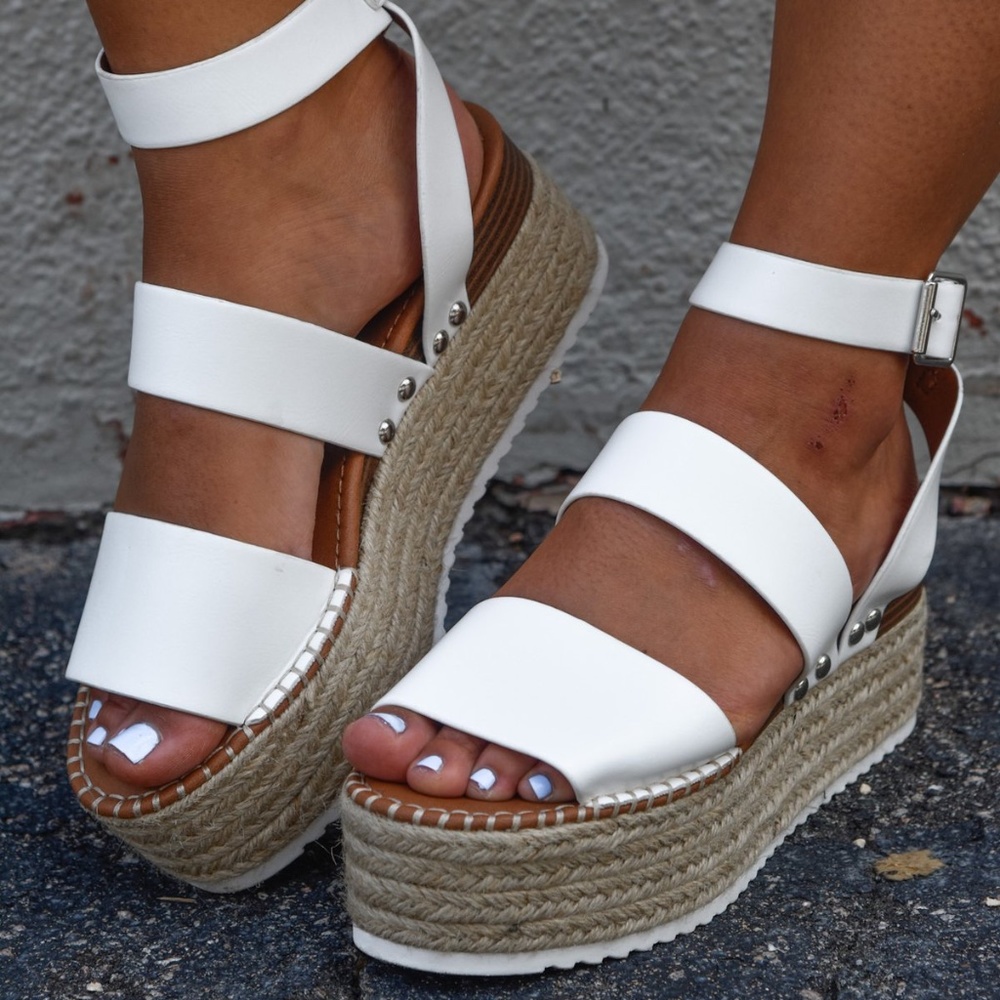 White 3 Strap Espadrille Platform Sandal